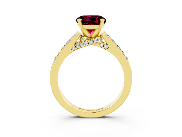 Yellow gold Round Cut Garnet Solitaire Ring with Crossover Gallery and Round  Pavé Band