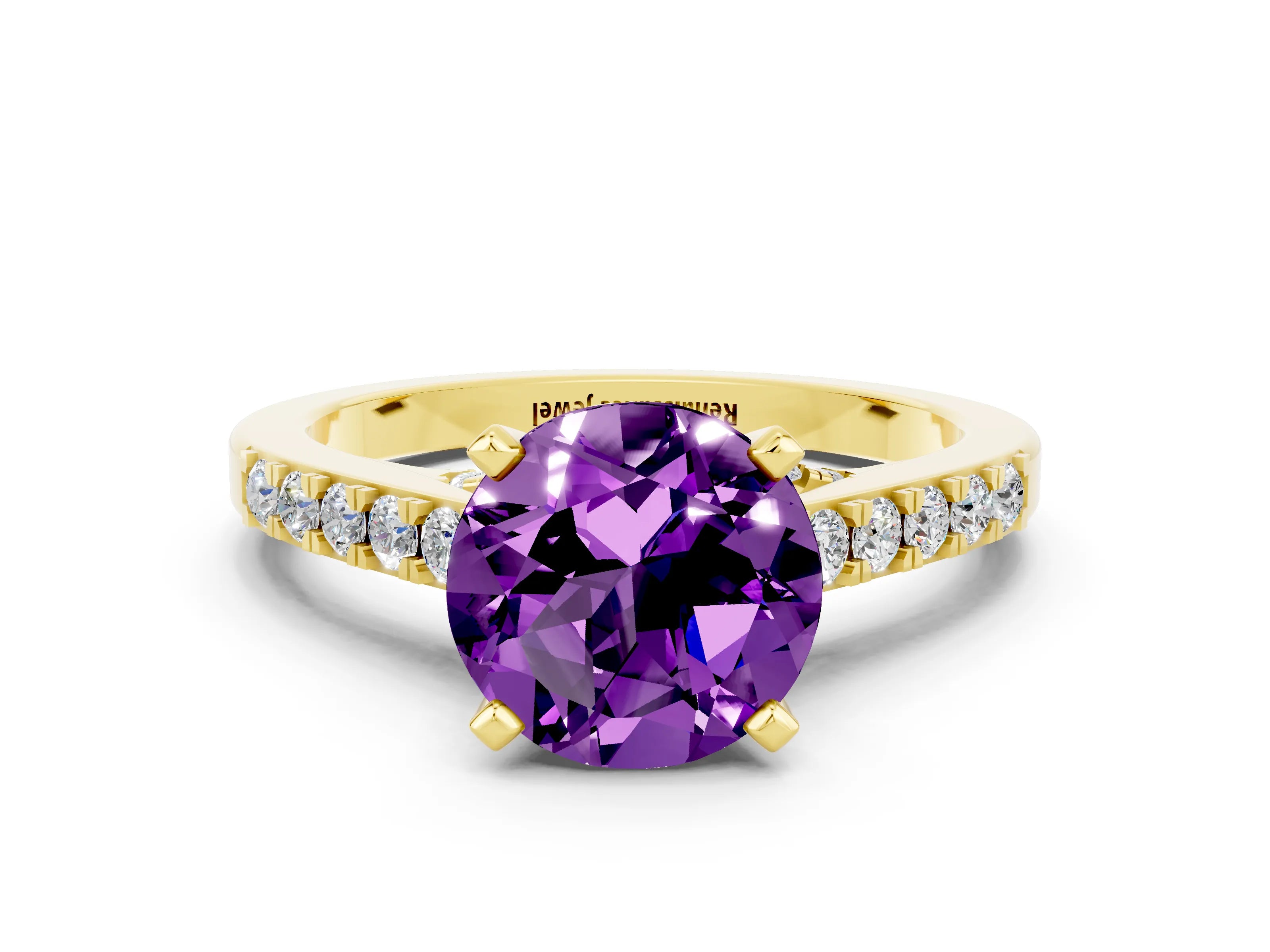 Yellow gold Round Cut Diamond Solitaire Ring with Pavé Band and Prong Setting