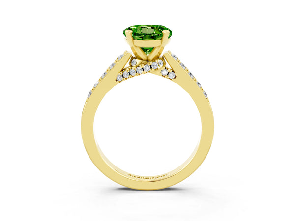Yellow gold Round Cut Peridot Solitaire Ring with Crossover Gallery and Round  Pavé Band