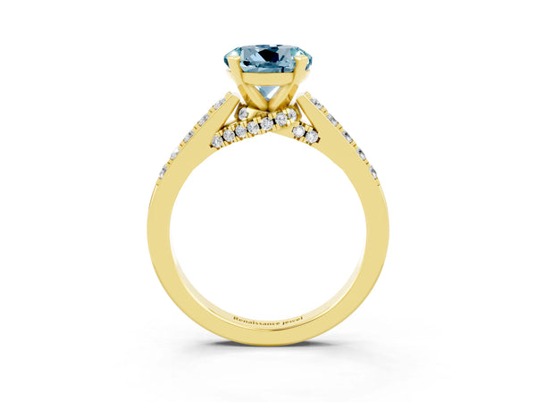 Yellow gold Round Cut Aquamarine Solitaire Ring with Crossover Gallery and Round  Pavé Band