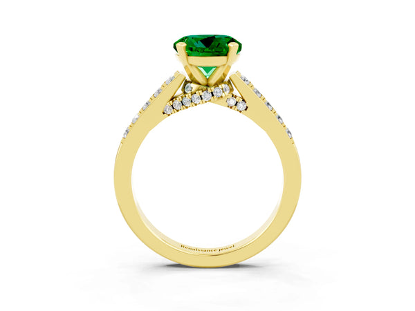 Yellow gold Round Cut Emerald Solitaire Ring with Crossover Gallery and Round  Pavé Band