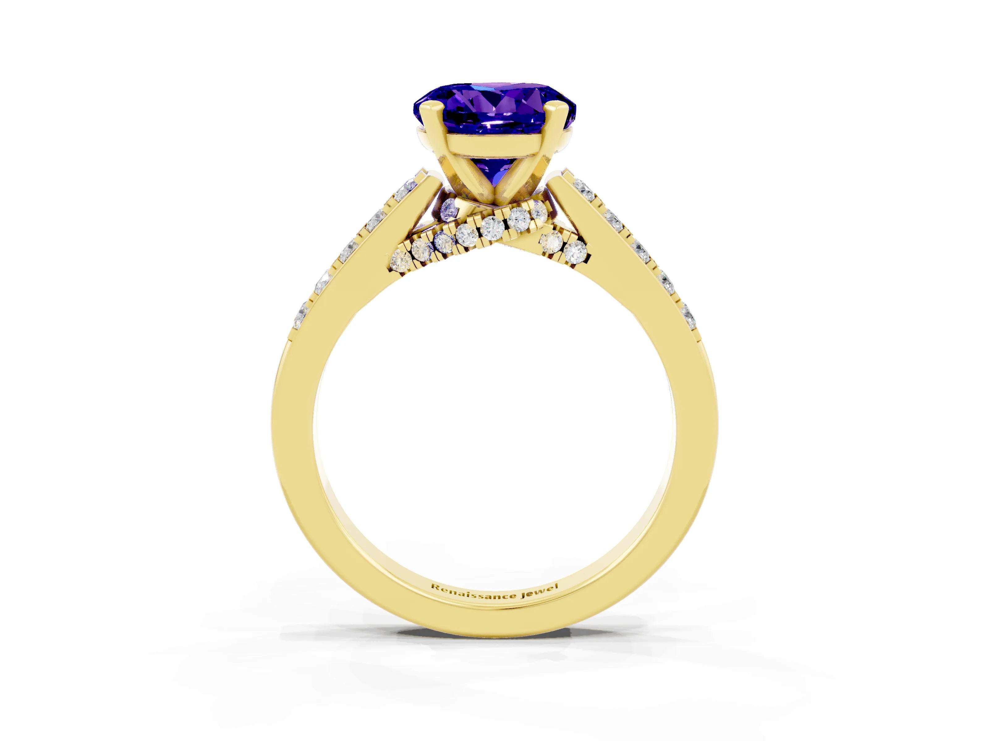 Yellow gold Round Cut Diamond Solitaire Ring with Pavé Band and Prong Setting_3