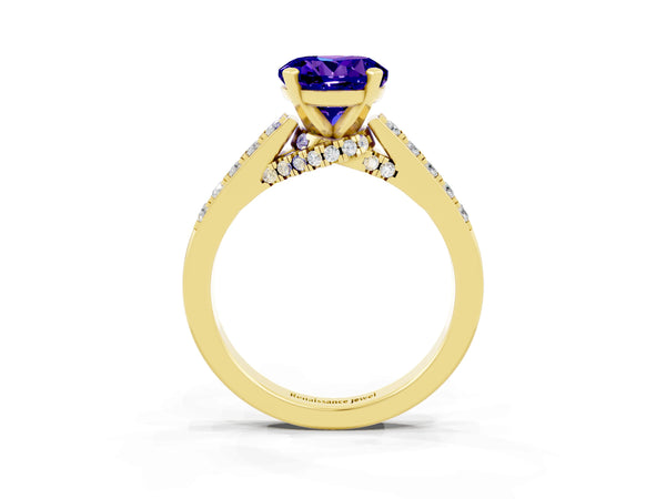 Yellow gold Round Cut Tanzanite Solitaire Ring with Crossover Gallery and Round  Pavé Band