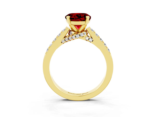 Yellow gold Round Cut Ruby Solitaire Ring with Crossover Gallery and Round  Pavé Band