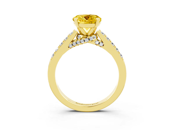 Yellow gold Round Cut Yellow Sapphire Solitaire Ring with Crossover Gallery and Round  Pavé Band