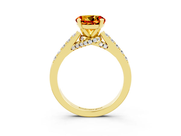 Yellow gold Round Cut Citrine Solitaire Ring with Crossover Gallery and Round  Pavé Band