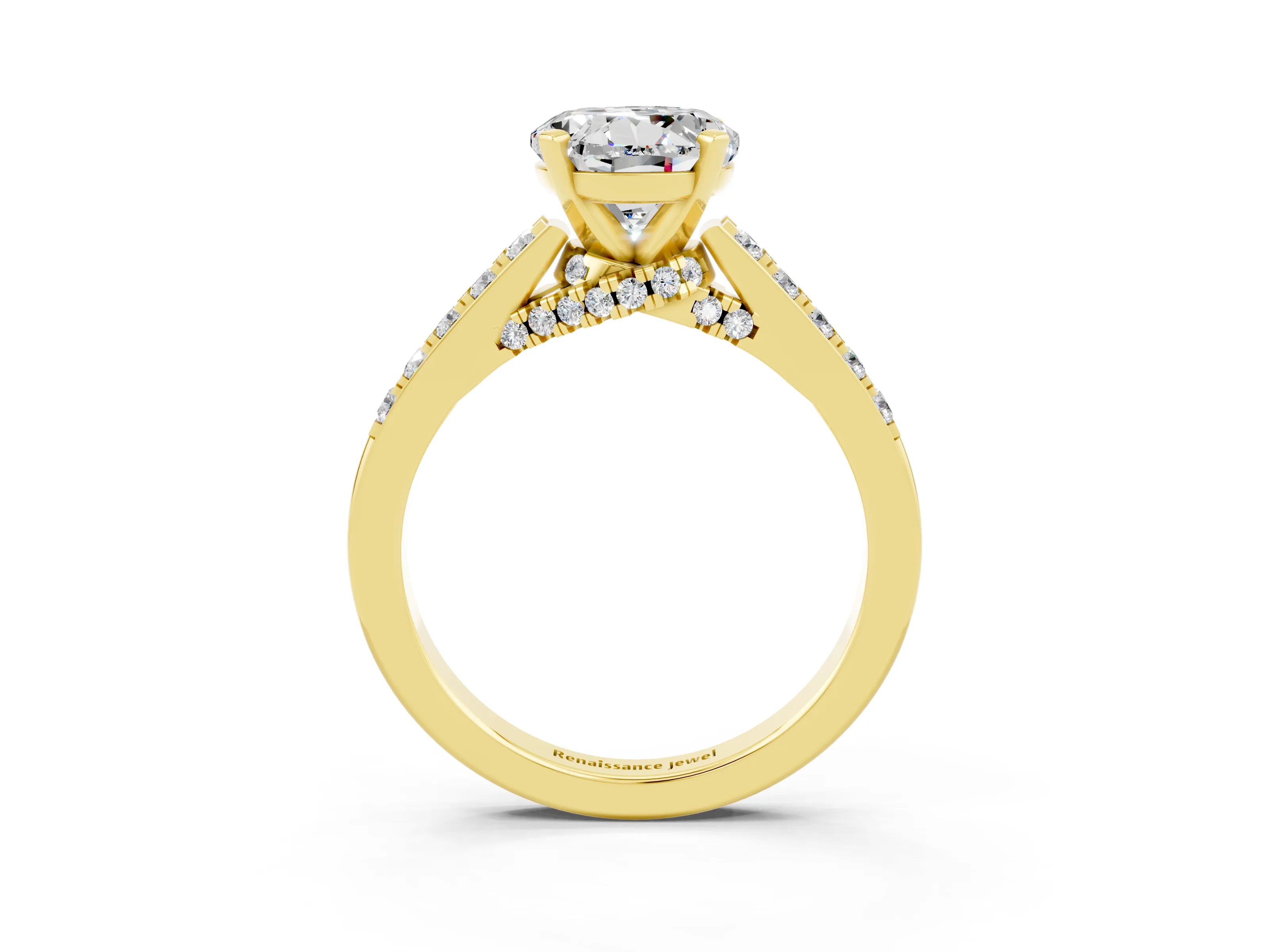 Yellow gold Round Cut Diamond Solitaire Ring with Pavé Band and Prong Setting_3