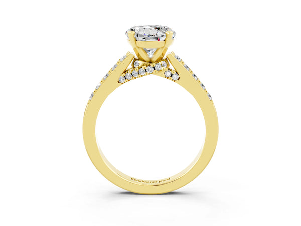 Yellow gold Round Cut Moissanite Solitaire Ring with Crossover Gallery and Round  Pavé Band