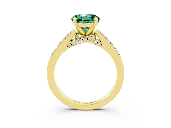 Yellow gold Round Cut Green Sapphire Solitaire Ring with Crossover Gallery and Round  Pavé Band