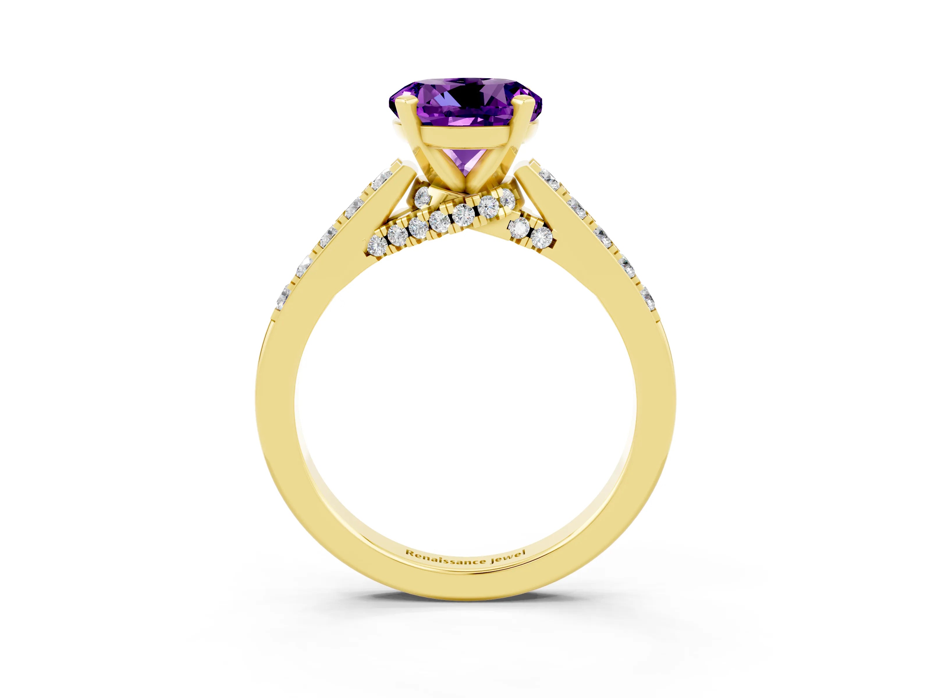 Yellow gold Round Cut Diamond Solitaire Ring with Pavé Band and Prong Setting_3