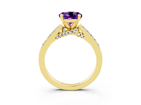 Yellow gold Round Cut Amethyst Solitaire Ring with Crossover Gallery and Round  Pavé Band
