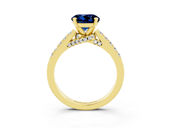 Yellow gold Round Cut Blue Sapphire Solitaire Ring with Crossover Gallery and Round  Pavé Band