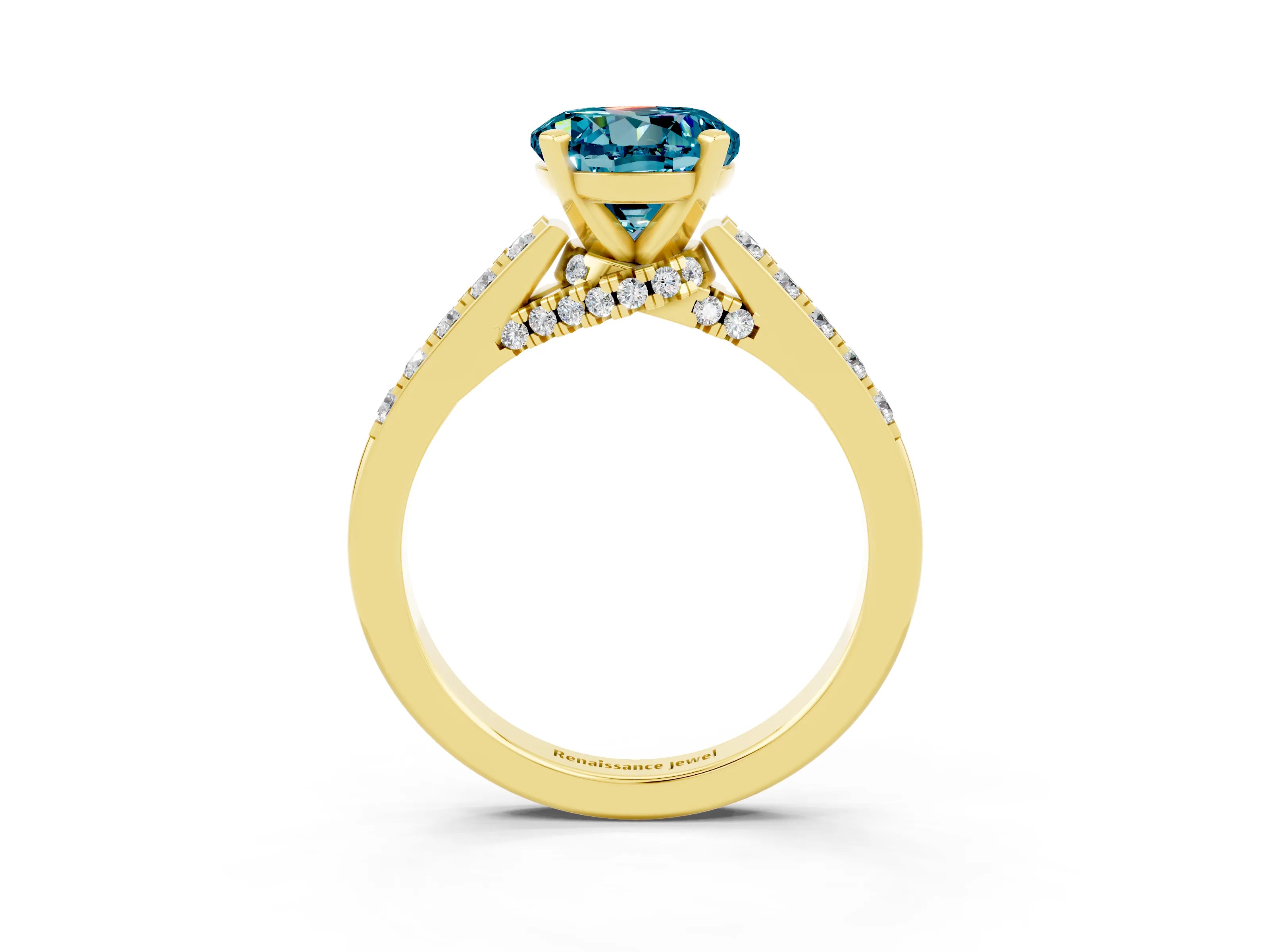 Yellow gold Round Cut Diamond Solitaire Ring with Pavé Band and Prong Setting_3