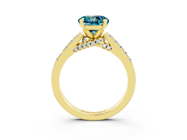 Yellow gold Round Cut Blue Topaz Solitaire Ring with Crossover Gallery and Round  Pavé Band