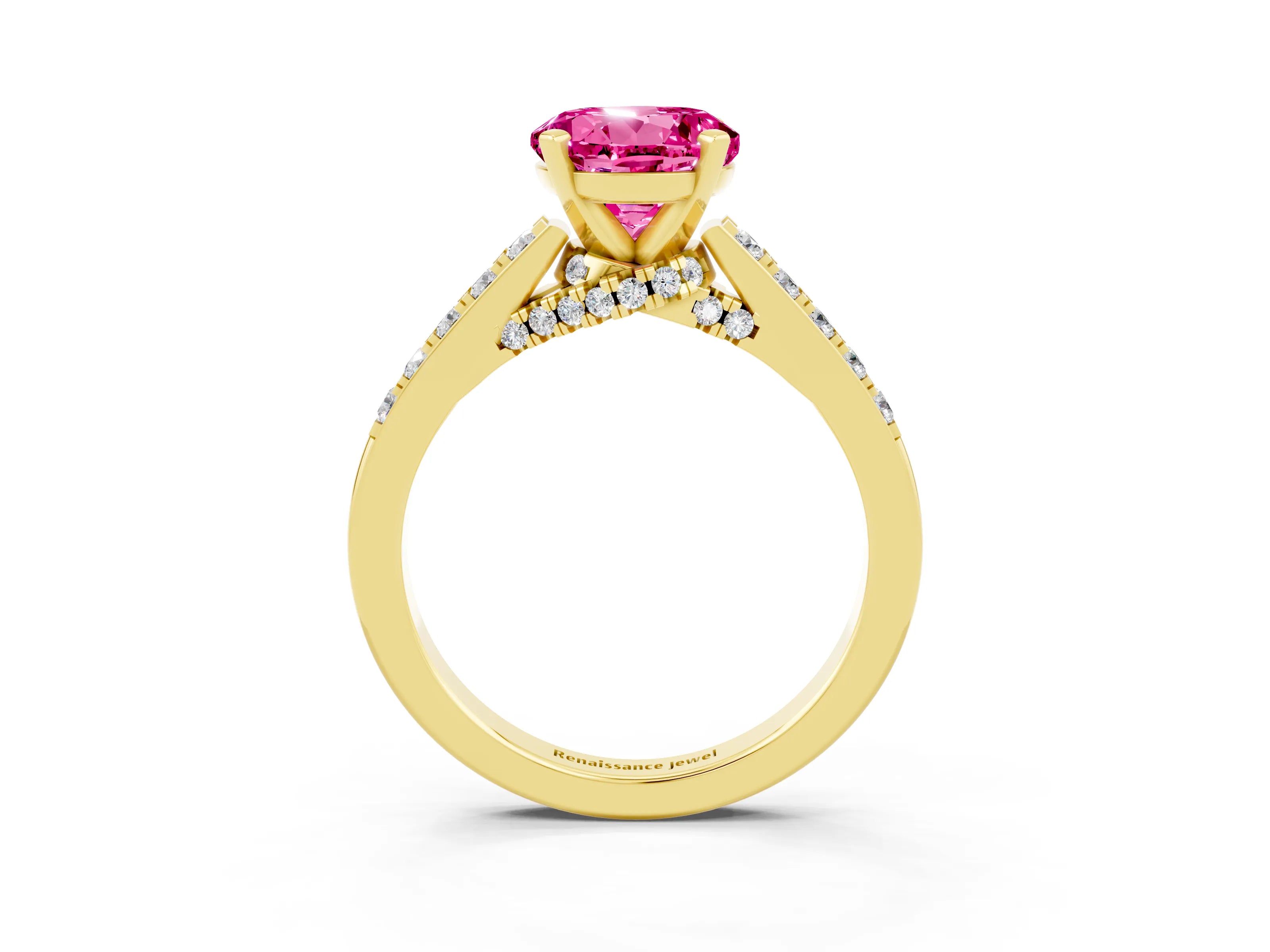 Yellow gold Round Cut Diamond Solitaire Ring with Pavé Band and Prong Setting_3