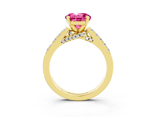 Yellow gold Round Cut Pink Sapphire Solitaire Ring with Crossover Gallery and Round  Pavé Band