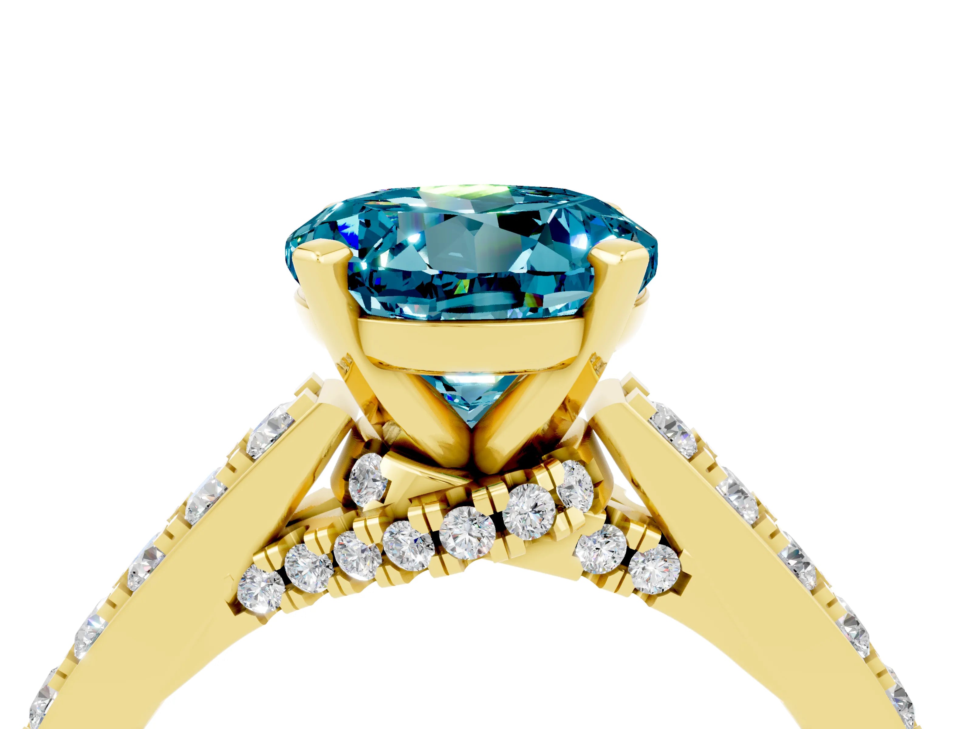 Yellow gold Round Cut Diamond Solitaire Ring with Pavé Band and Prong Setting_4