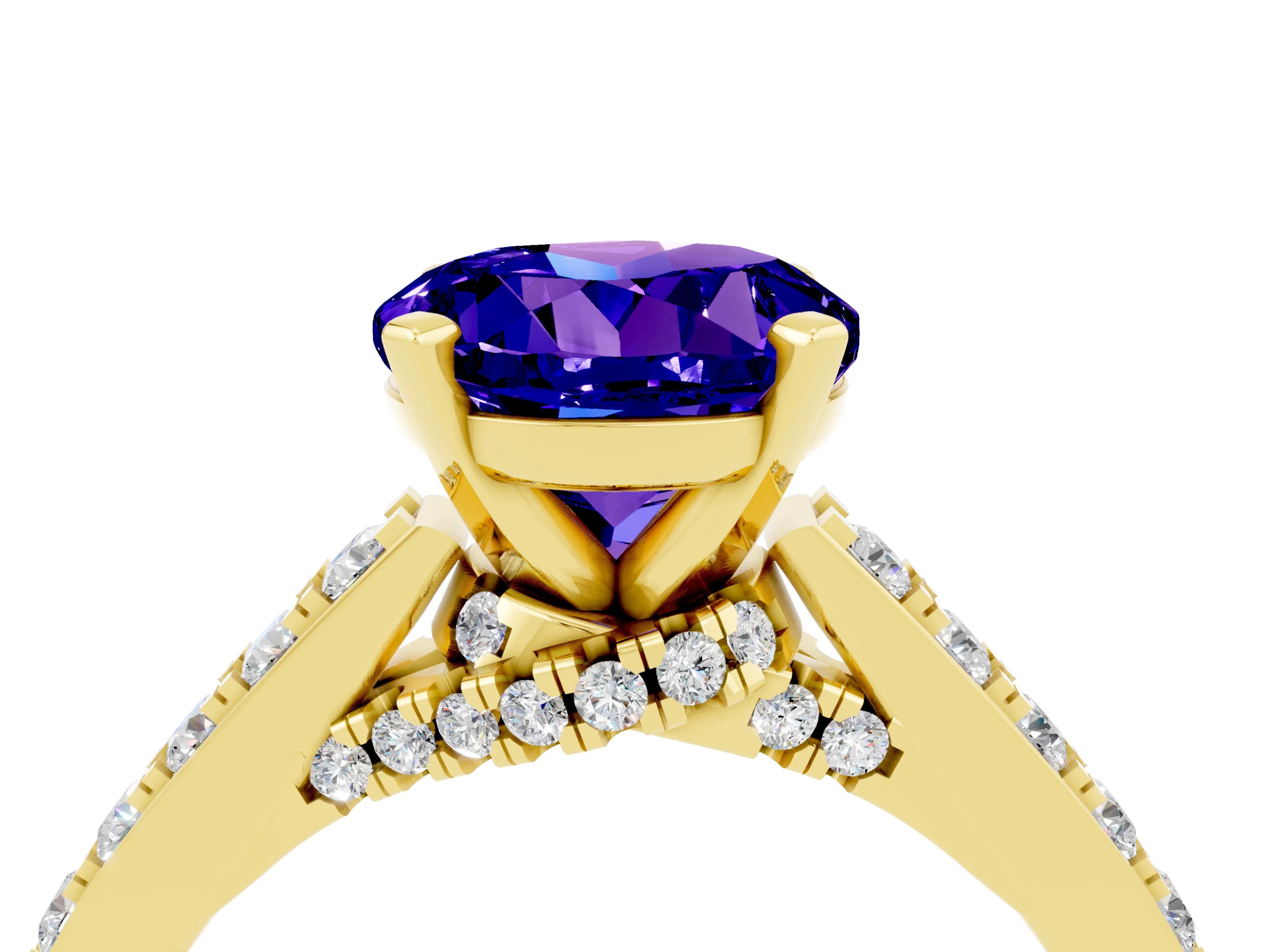 Yellow gold Round Cut Diamond Solitaire Ring with Pavé Band and Prong Setting_4