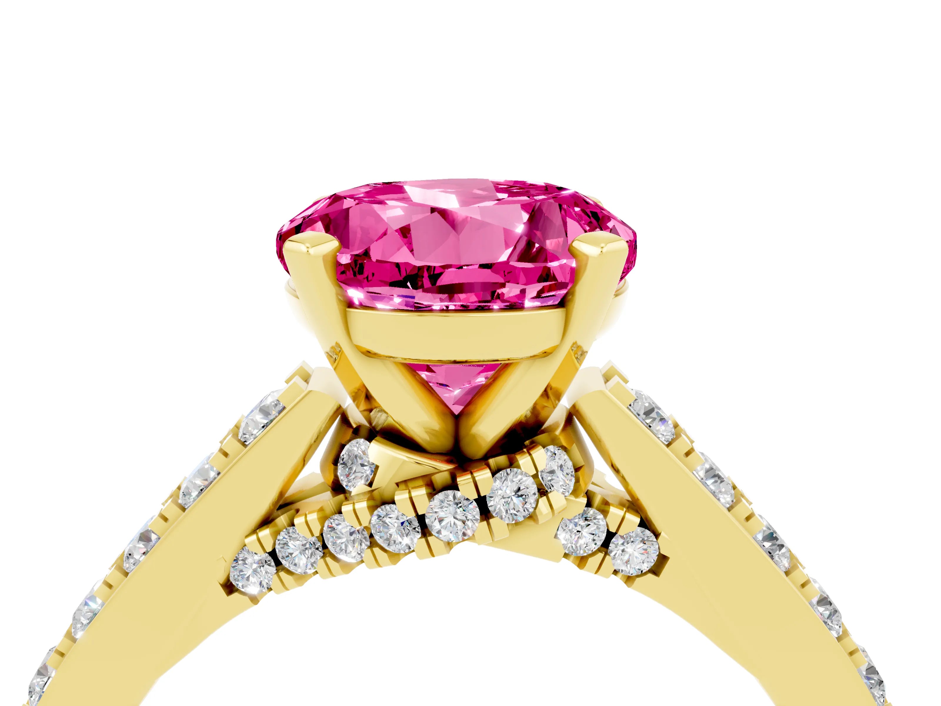 Yellow gold Round Cut Diamond Solitaire Ring with Pavé Band and Prong Setting_4