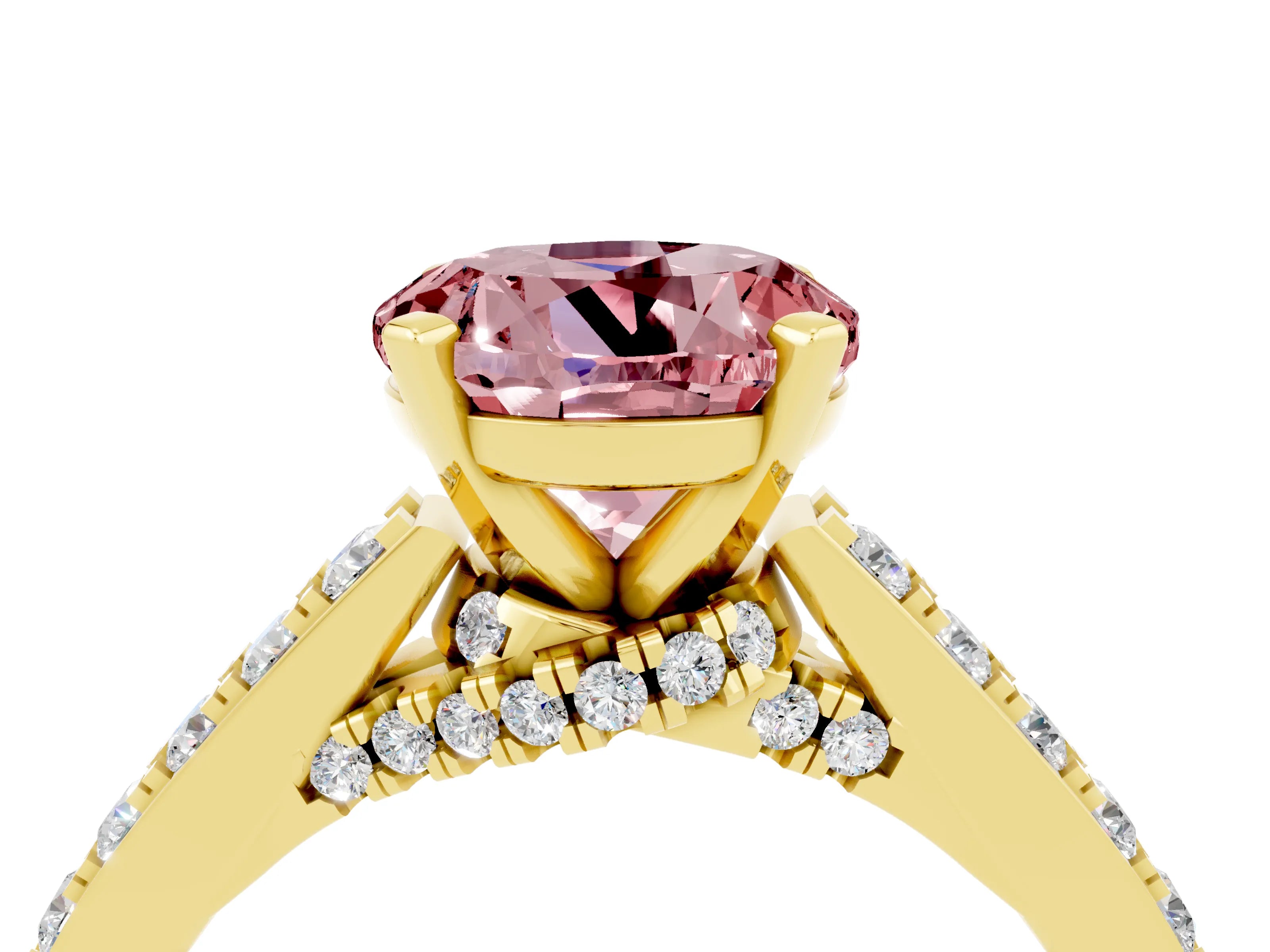 Yellow gold Round Cut Diamond Solitaire Ring with Pavé Band and Prong Setting_4