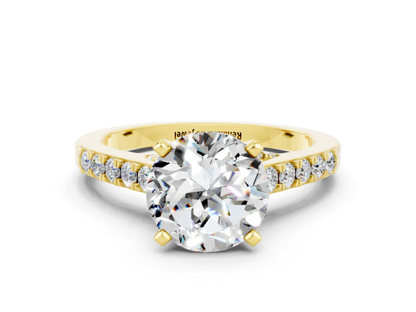 Yellow gold Round Cut Moissanite Solitaire Ring with Crossover Gallery and Round  Pavé Band