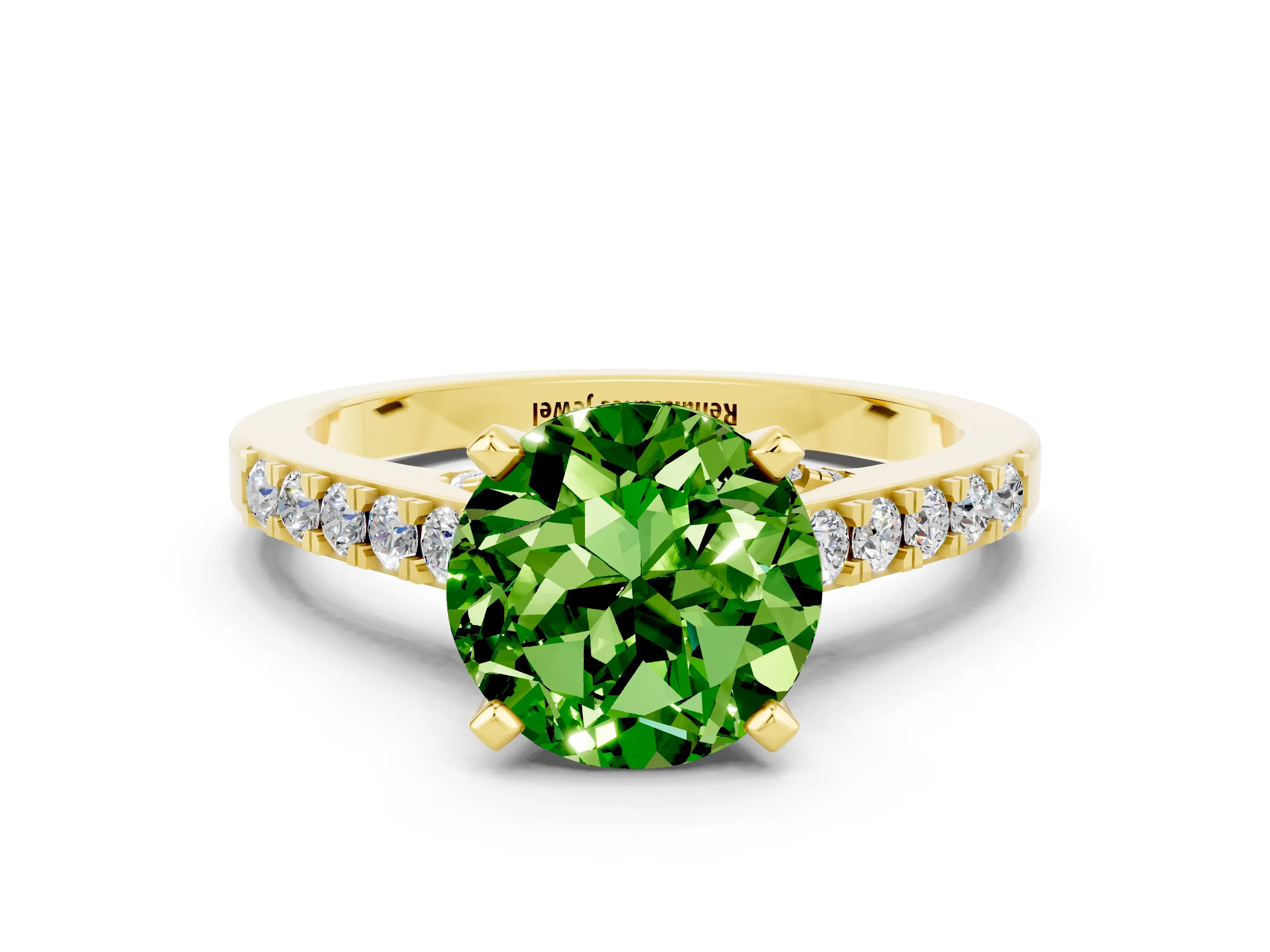 Yellow gold Round Cut Diamond Solitaire Ring with Pavé Band and Prong Setting