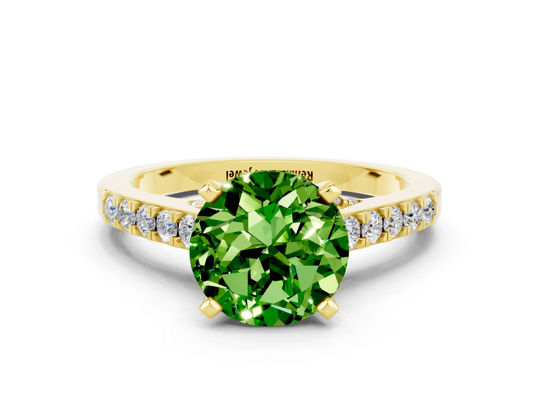 Yellow gold Round Cut Diamond Solitaire Ring with Pavé Band and Prong Setting