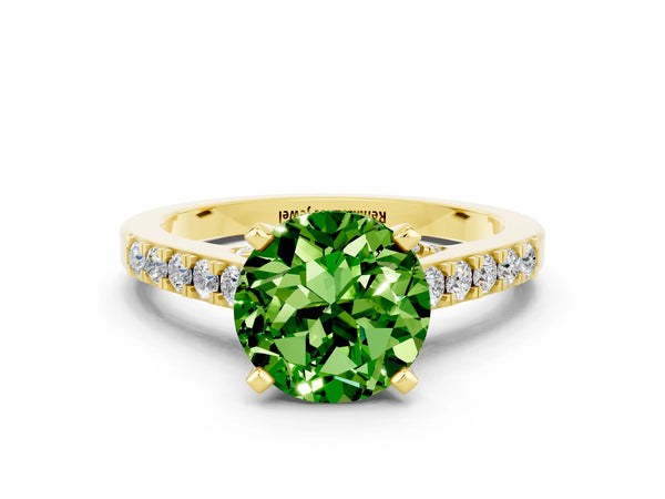 Yellow gold Round Cut Peridot Solitaire Ring with Crossover Gallery and Round  Pavé Band