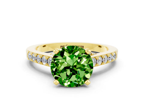 Yellow gold Round Cut Diamond Solitaire Ring with Pavé Band and Prong Setting