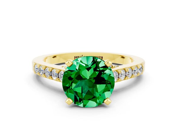 Yellow gold Round Cut Emerald Solitaire Ring with Crossover Gallery and Round  Pavé Band