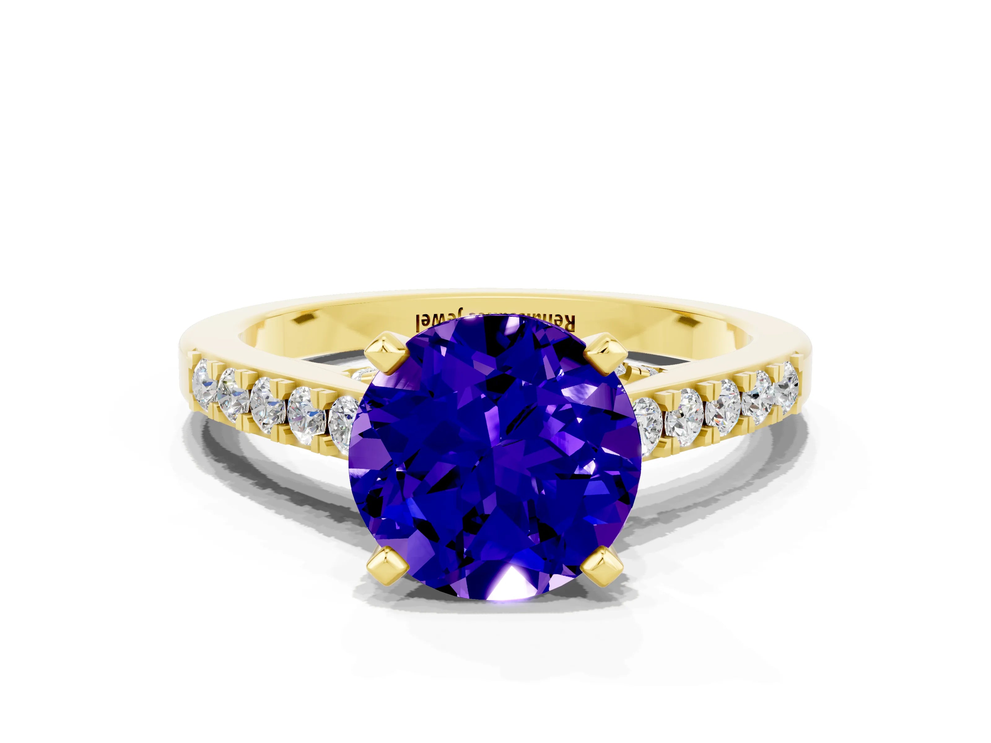 Yellow gold Round Cut Diamond Solitaire Ring with Pavé Band and Prong Setting