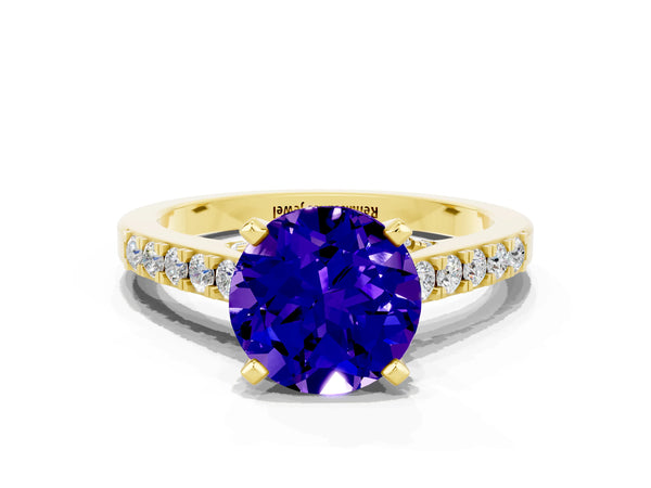Yellow gold Round Cut Tanzanite Solitaire Ring with Crossover Gallery and Round  Pavé Band