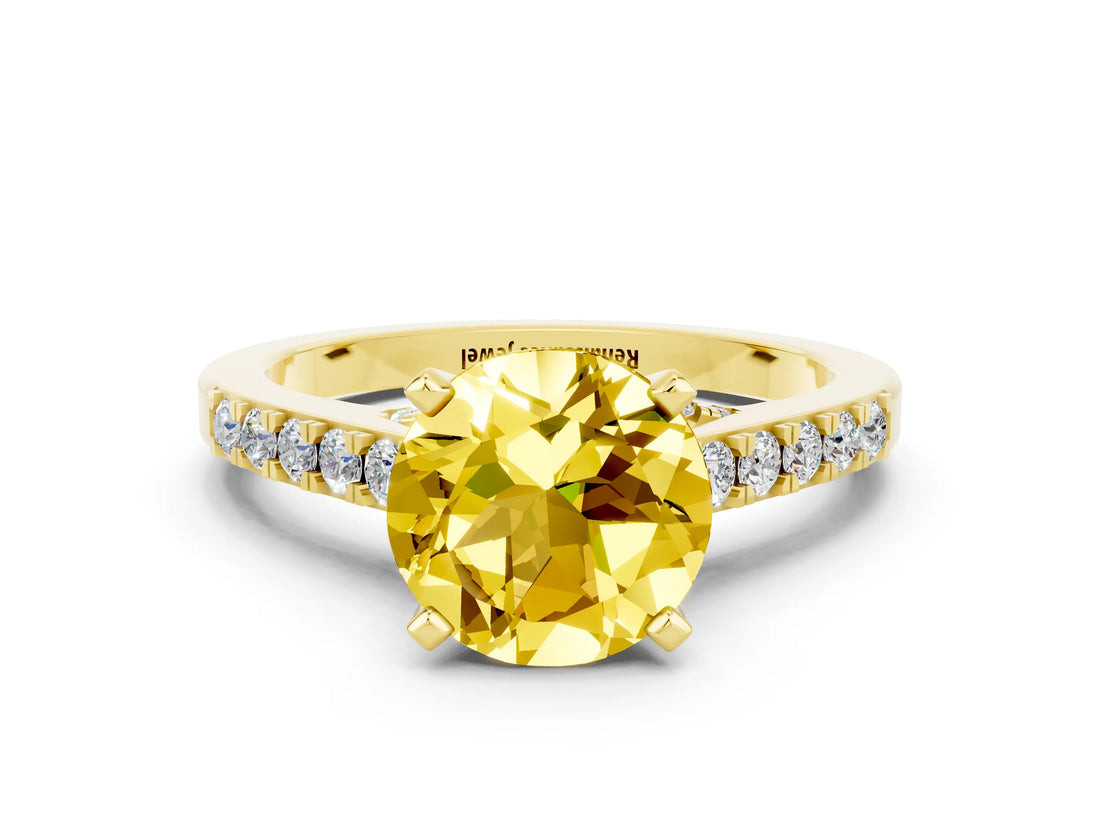 Yellow gold Round Cut Diamond Solitaire Ring with Pavé Band and Prong Setting