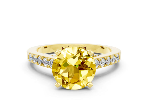 Yellow gold Round Cut Yellow Sapphire Solitaire Ring with Crossover Gallery and Round  Pavé Band