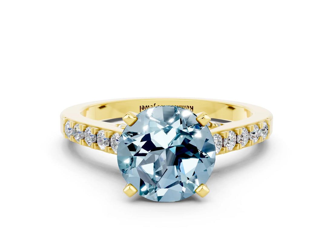 Yellow gold Round Cut Diamond Solitaire Ring with Pavé Band and Prong Setting