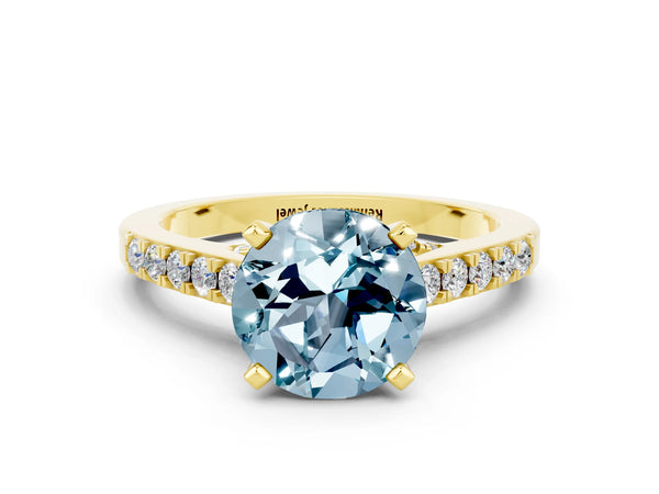 Yellow gold Round Cut Aquamarine Solitaire Ring with Crossover Gallery and Round  Pavé Band