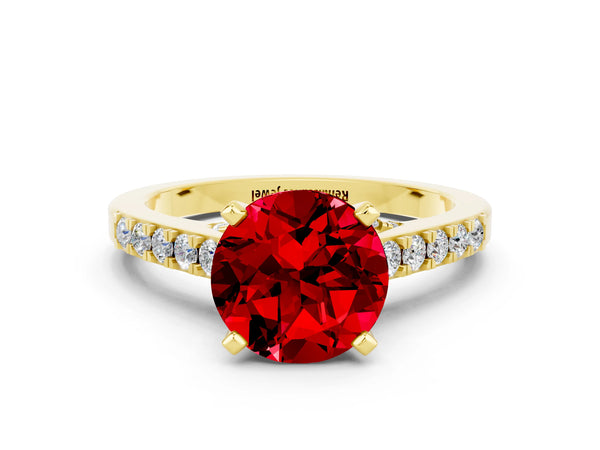 Yellow gold Round Cut Ruby Solitaire Ring with Crossover Gallery and Round  Pavé Band