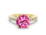 Yellow gold Round Cut Diamond Solitaire Ring with Pavé Band and Prong Setting