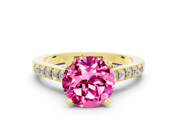 Yellow gold Round Cut Pink Sapphire Solitaire Ring with Crossover Gallery and Round  Pavé Band