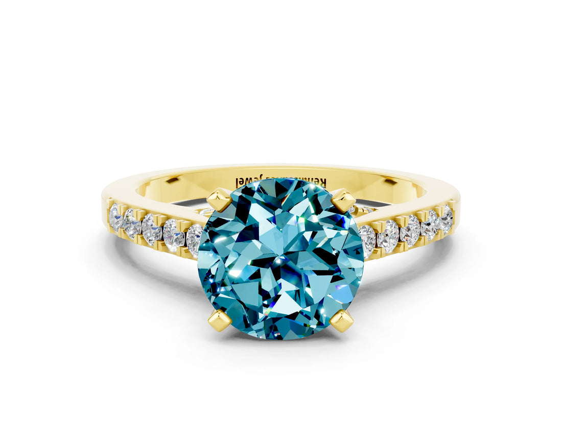 Yellow gold Round Cut Diamond Solitaire Ring with Pavé Band and Prong Setting