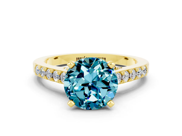 Yellow gold Round Cut Blue Topaz Solitaire Ring with Crossover Gallery and Round  Pavé Band