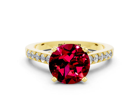 Yellow gold Round Cut Diamond Solitaire Ring with Pavé Band and Prong Setting