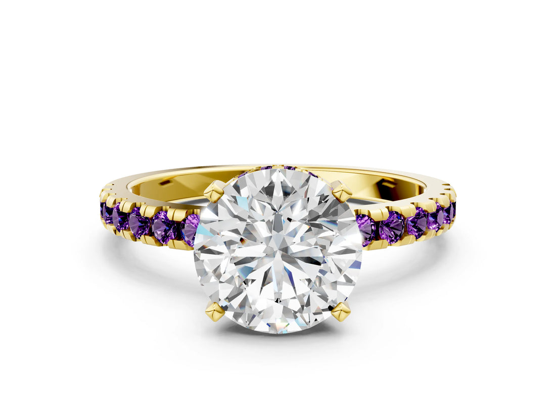 Yellow gold Round Cut Diamond Solitaire Ring with Round with Amethyst side stone Pavé Band and Four-Prong Setting_36