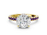 Yellow gold Round Cut Diamond Solitaire Ring with Round with Amethyst side stone Pavé Band and Four-Prong Setting_36
