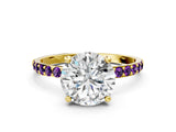 Yellow gold Round Cut Diamond Solitaire Ring with Round with Amethyst side stone Pavé Band and Prong Setting_12