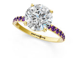 Yellow gold Round Cut Diamond Solitaire Ring with Round with Amethyst side stone Pavé Band and Prong Setting_13