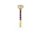 Yellow gold Round Cut Diamond Solitaire Ring with Round with Amethyst side stone Pavé Band and Prong Setting_14