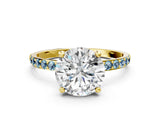 Yellow gold Round Cut Diamond Solitaire Ring with Round with Aquamarine side stone Pavé Band and Prong Setting_24