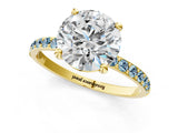 Yellow gold Round Cut Diamond Solitaire Ring with Round with Aquamarine side stone Pavé Band and Prong Setting_25