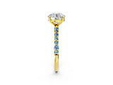 Yellow gold Round Cut Diamond Solitaire Ring with Round with Aquamarine side stone Pavé Band and Prong Setting_26